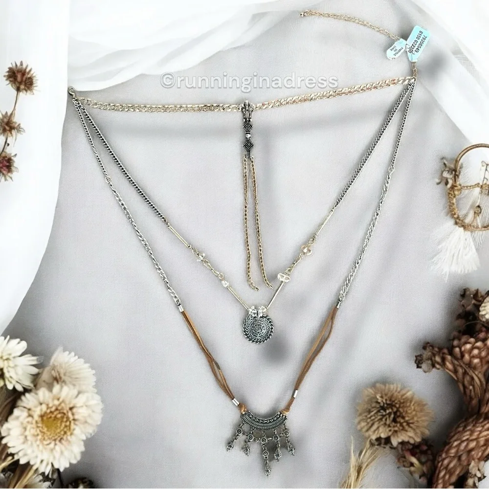 NWT Free People Can't Stand The Rain Layered Necklace In Gold & Brown Suede - Picture 8 of 13